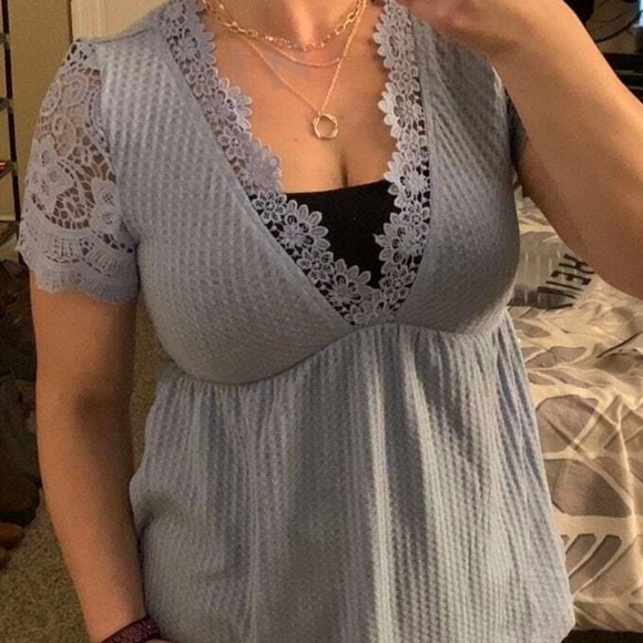 034  Boho Floral Lace Light waffle Knit Top - Picture 3 of 12